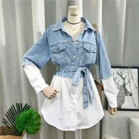 womens chic fake two pieces shirt spring autumn casual pockets long sleeve loose shirt outwear lady streetwear blouse top