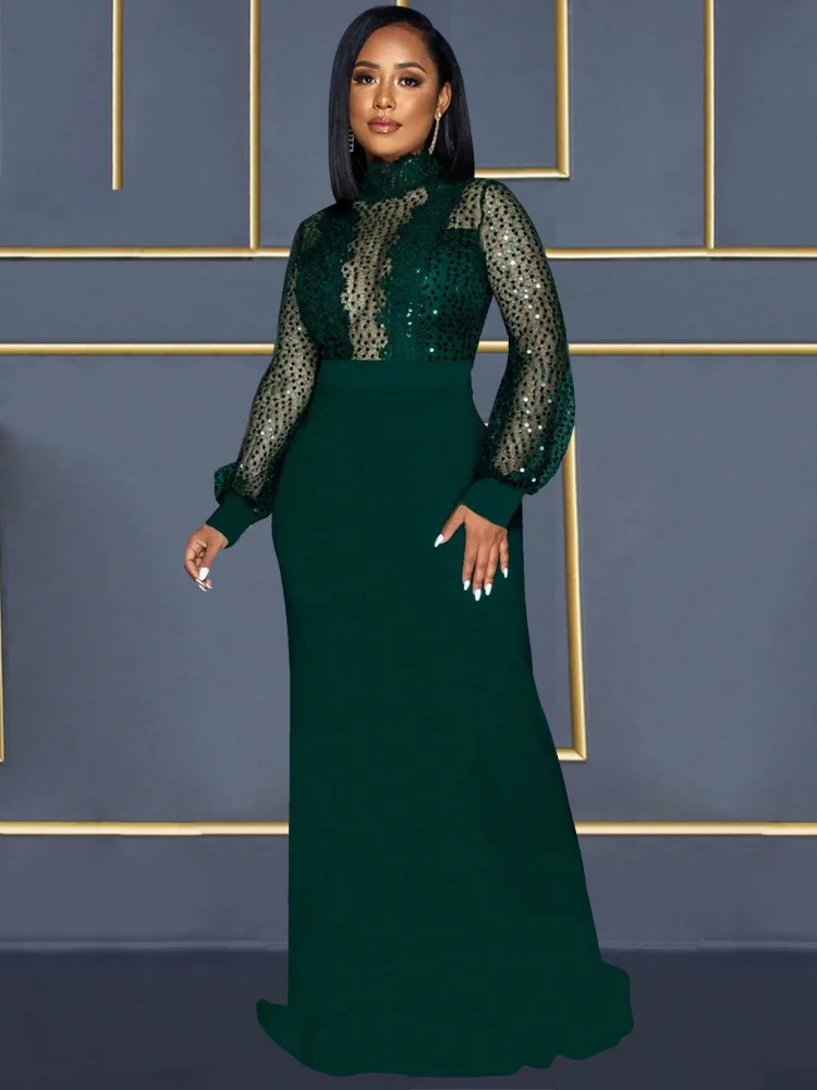 

KEXU сексуальное кружевное прозрачное лоскутное платье с высокой талией и длинным рукавом в пол с блестками винтажное женское платье макси для выпускного