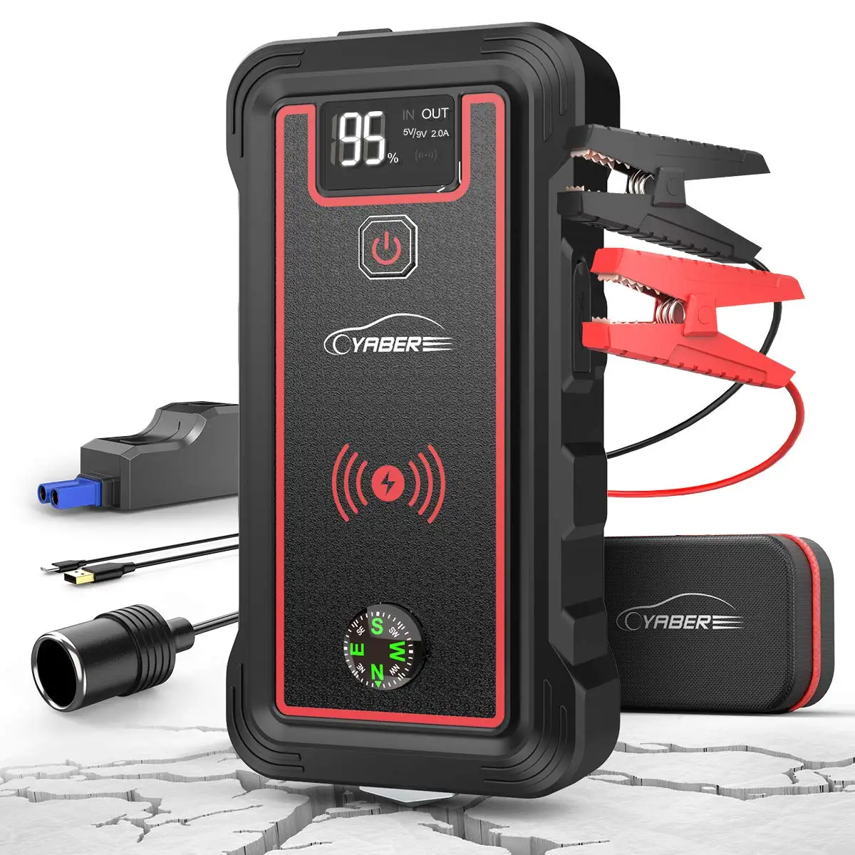 YABER 2500A Car Starter Battery 23800mAh Portable Car Battery 10W Wireless Charger LED Light Safety Batteri Charger Jump Starter