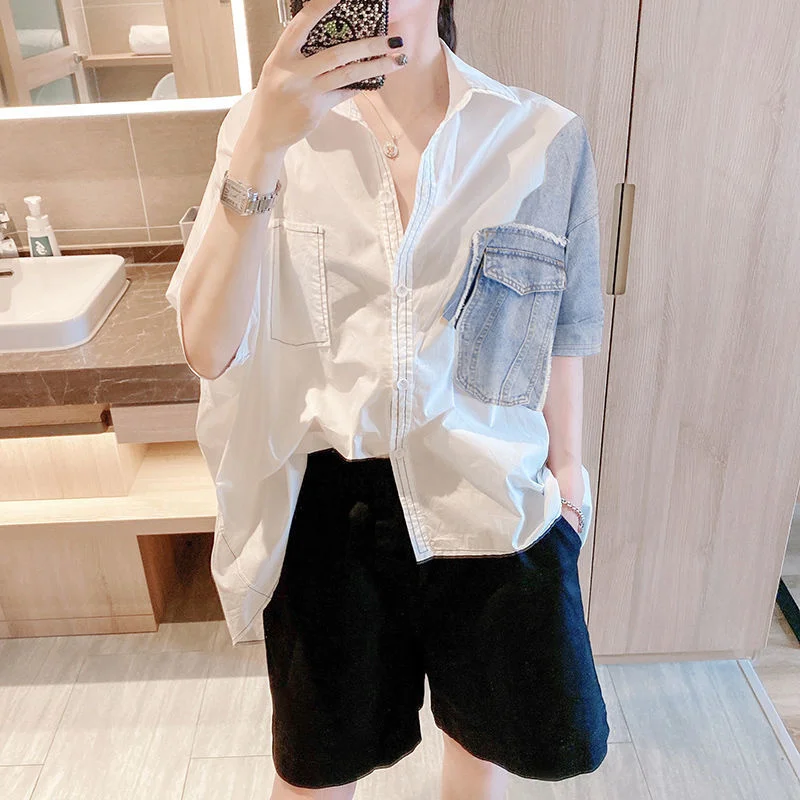 

Cotton Shirt for Women Europe Fashion Denim Panel White Shirt Short Sleeve Tees Clothes for Women 2023 Fall Womens Tops