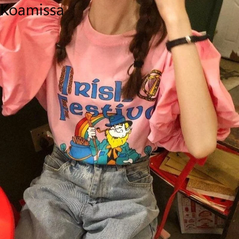 

Женская футболка с рисунком Koamissa Kawaii, модель 2022 года, свободная Универсальная футболка в стиле пэчворк, корейские футболки, шикарные топы