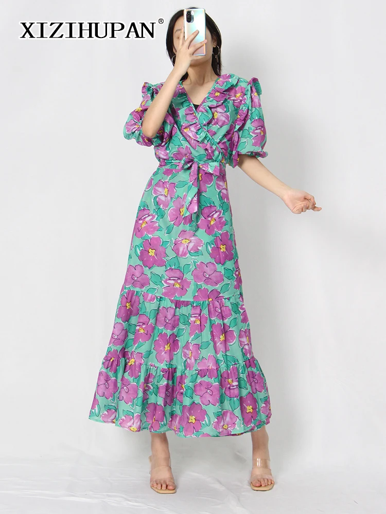 

XIZIHUPAN Vintage Print Colorblock Long Dress For Women V Neck Short Sleeve High Waist Loose Midi Dresses Female Clothes Fashion