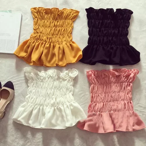 Off Shoulder Tube Tops Women Casual Summer Sleeveless Solid Ruffles Flod Crop Tops Hot Sales