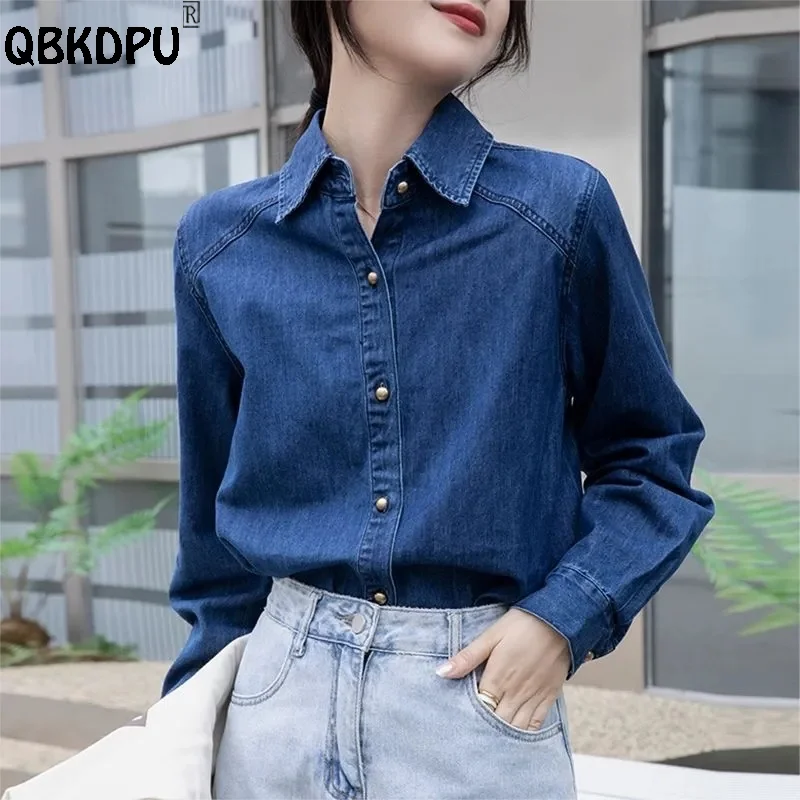 

Women Basic Denim Blouses Korean Fashion 3XL Jean Shirts New Spring Casual Blusas Turndown Collar Single Breasting Denim Tops