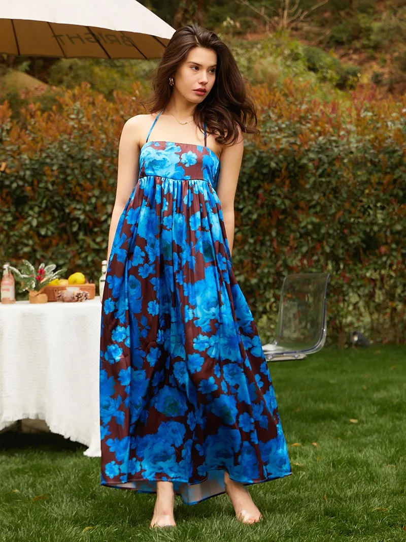 

Женское длинное платье с открытой спиной, синее Бандажное пляжное платье-комбинация в стиле бохо с цветочным принтом, элегантные летние платья-Макси без рукавов, 2023