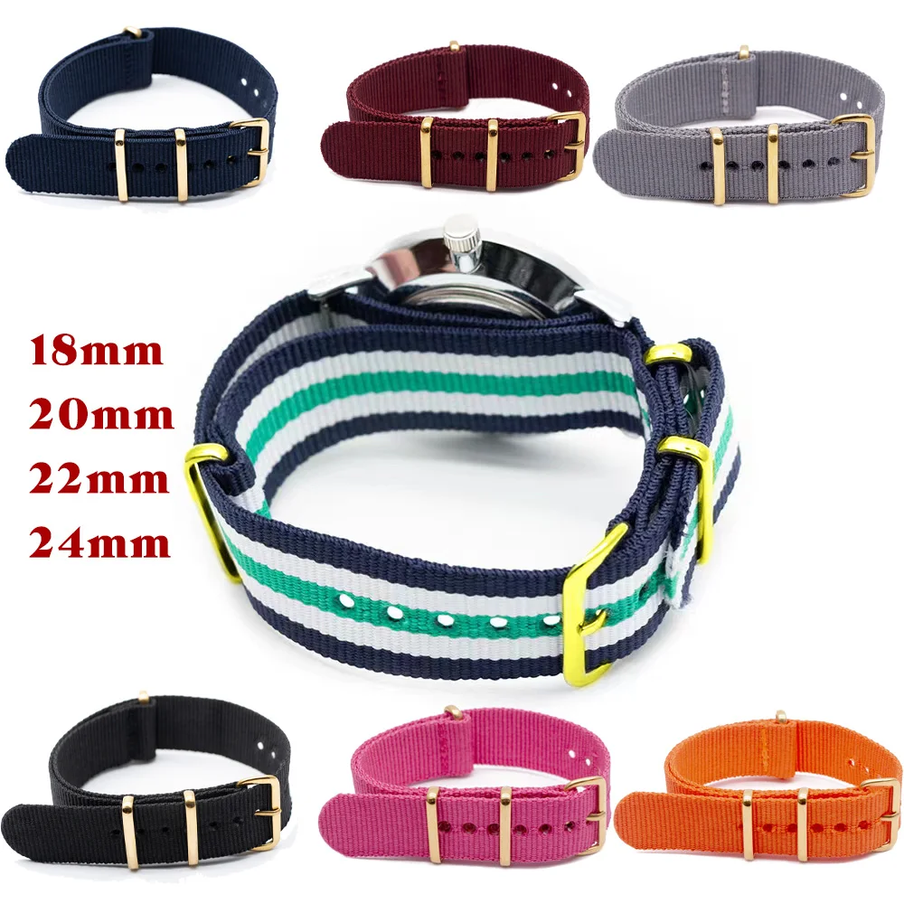 

1Pcs Strap 18mm 20mm 22mm 24mm Nylon Watch Band Army Sport Fabric Bracelet Solid Color Belt Steel Golden Buckle Accessories