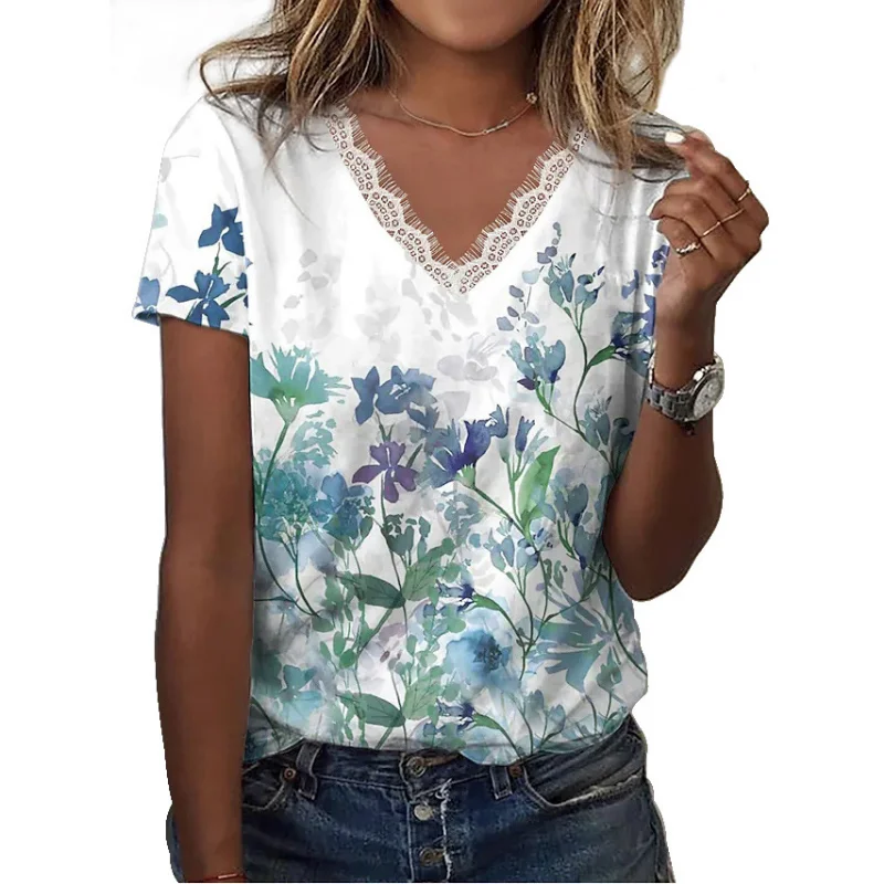 

Fashion Short Sleeve Top Summer Woman Casual Flower Print Blouse Loose V Neck Lace Shirts Blusas New Spring T-shirt 26041
