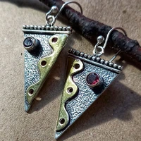 vintage triangular metal crystal drop earrings magenta rhinestone inlaid earrings