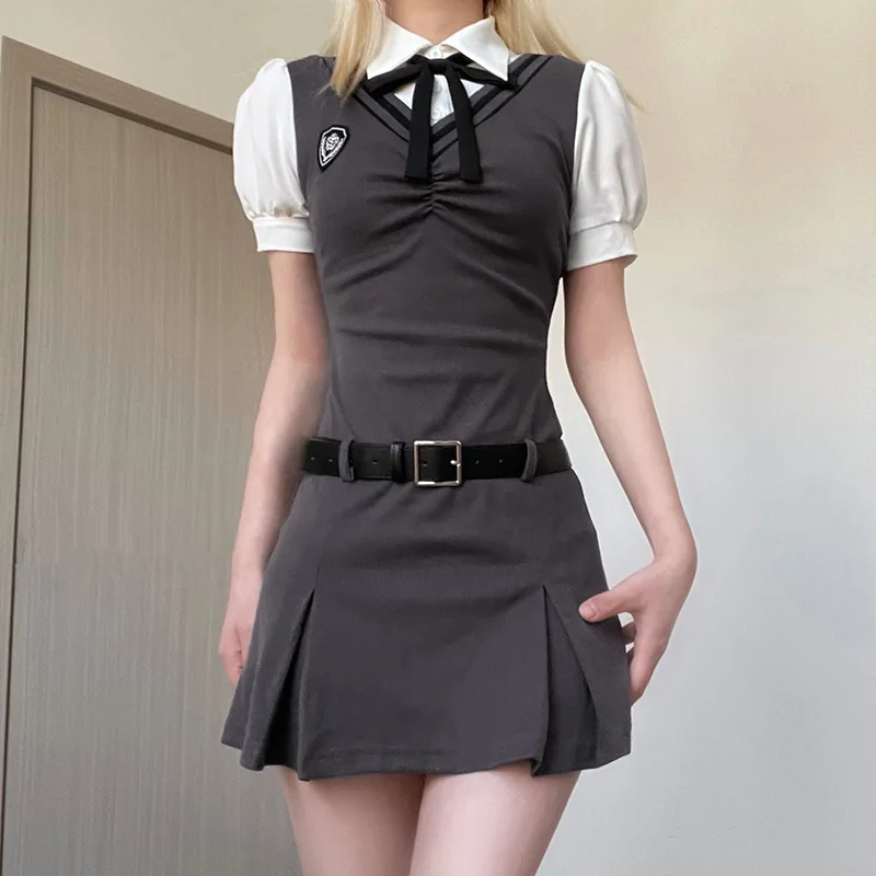 

2023 College Bowtie Bubble Sleeve Shirt Splice Fake Two Piece Slim Fit Uniform Belt Dress