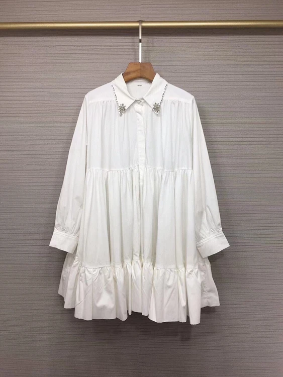 

2022 new women fashion lapel nail drill oversized swing loose long sleeve solid color dress 505