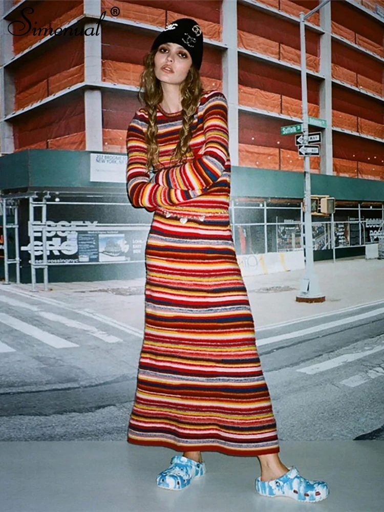 

Simenual Striped Panelled Midi Dresses for Women 2022 Fashion Vintage Full Sleeve O-neck Bodycon Robe Fall Party Club Y2K Outfit