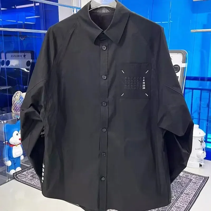 

Y2K MM6 Long Sleeve Shirt Pocket Embroidery Arm Blur Digital Print Men's Loose Casual Black and White Long Sleeve Shirt