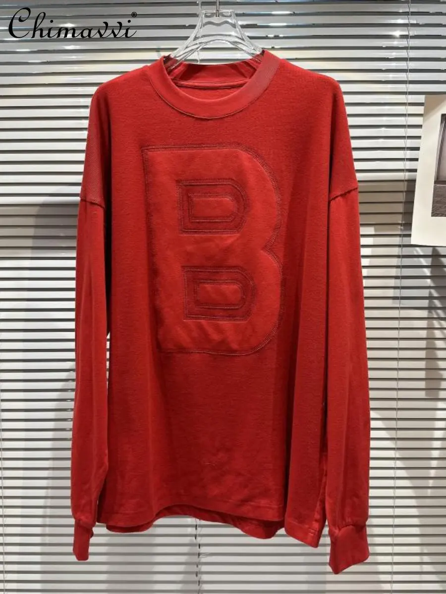 

2022 Winter New Fashion English Letter Embroidery Pattern Loose Long Sleeve T-shirt Loose Round Neck Pullover Tshirts Women Tees