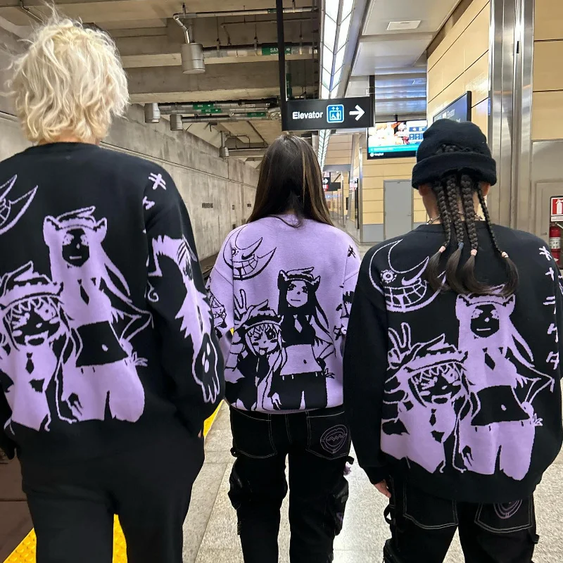 

Y2k Japanese Streetwear Women Harajuku Pullover Anime Pattern Vintage Winter Knitwear Embroidery Oversized Lovers Loose Sweater