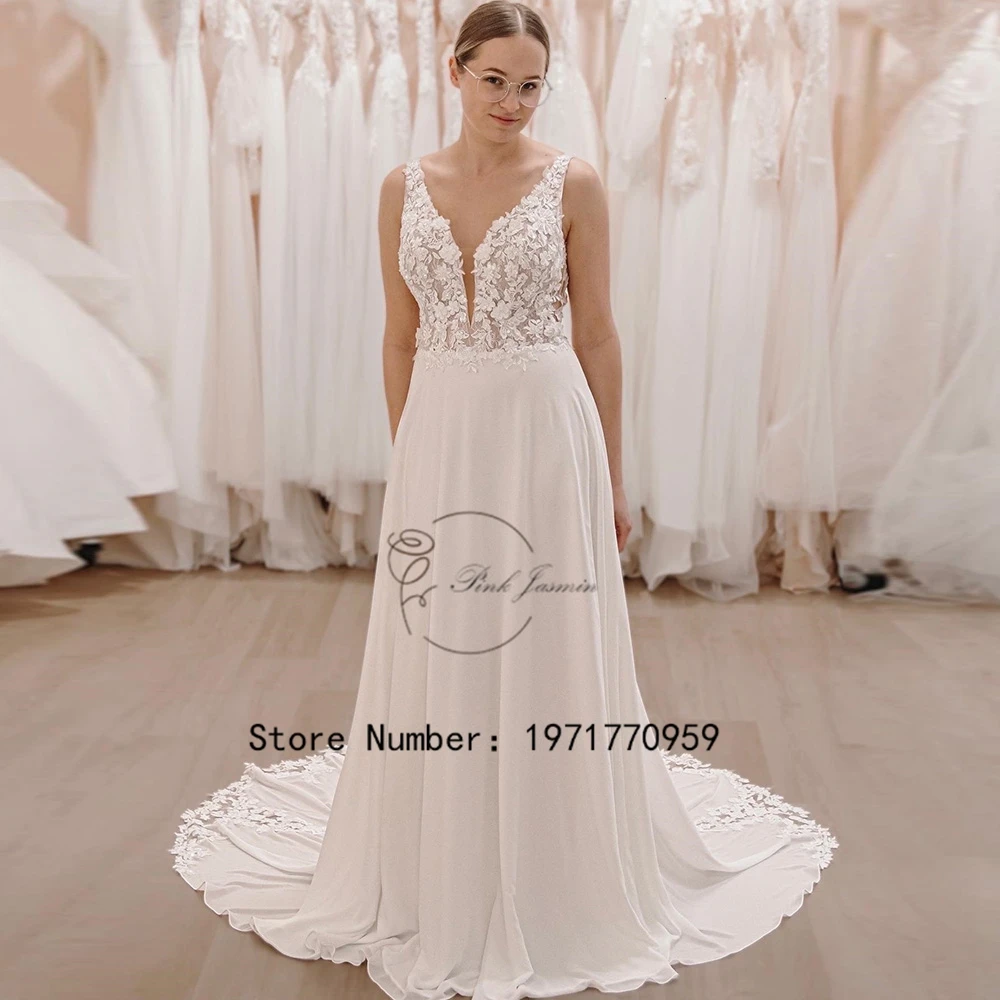 

Classic Deep V Neck Ivory Wedding Dresses For Women Sexy Open Back Applique Elegant Bridal Gowns With Chiffon Robe De Mariée