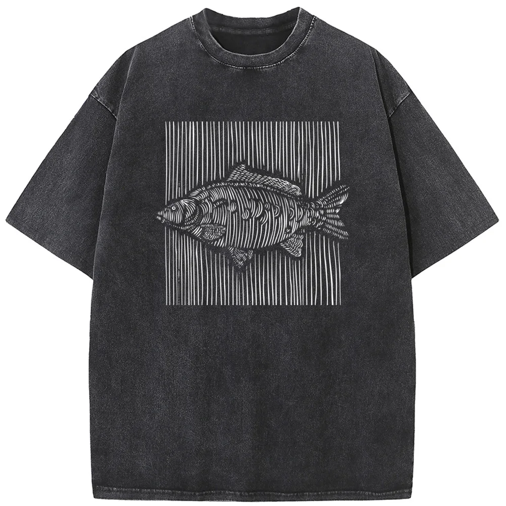 

Striped Fish Unisex Short-Sleeved Washed T-Shirt Novelty 230g Summer Bleached Tshirt Funny Design Loose Tops Tee