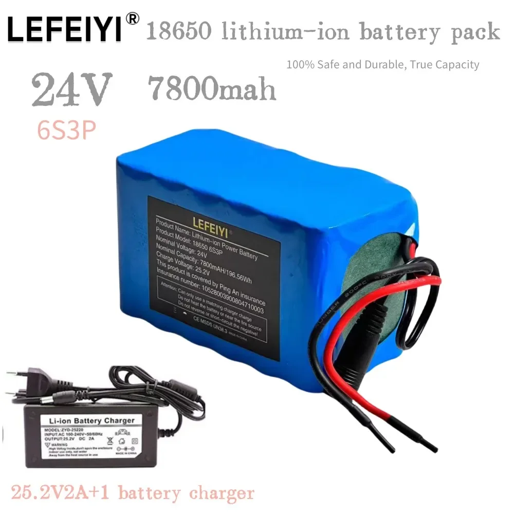 24V 7800mAh 18650 Lithium Battery Pack 6s3p 0-350W Motor for Electric Bike Scooter Lawn Mower Toy BMS + Charger