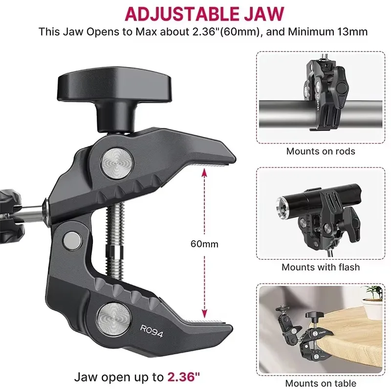 Фото U-lanzi R094 Металлический суперзажим с двойной шаровой головкой Magic Arm Clamp с отверстием 1/4 дюйма 3/8 дюйма для крепления микрофона с подсветкой монитора камеры DSLR №4