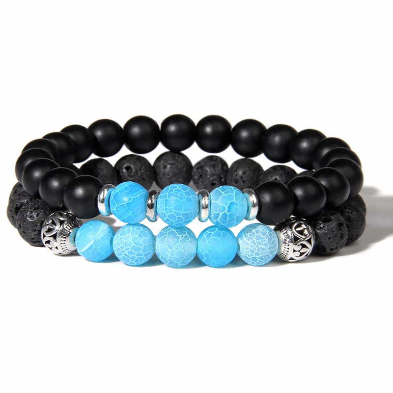 

2pcs/lot Natural Lava Rock Beaded Bracelet Blue Agates Charm Bracelets Set Healthy Energy Yoga Bracelet for Men Women Jewelry