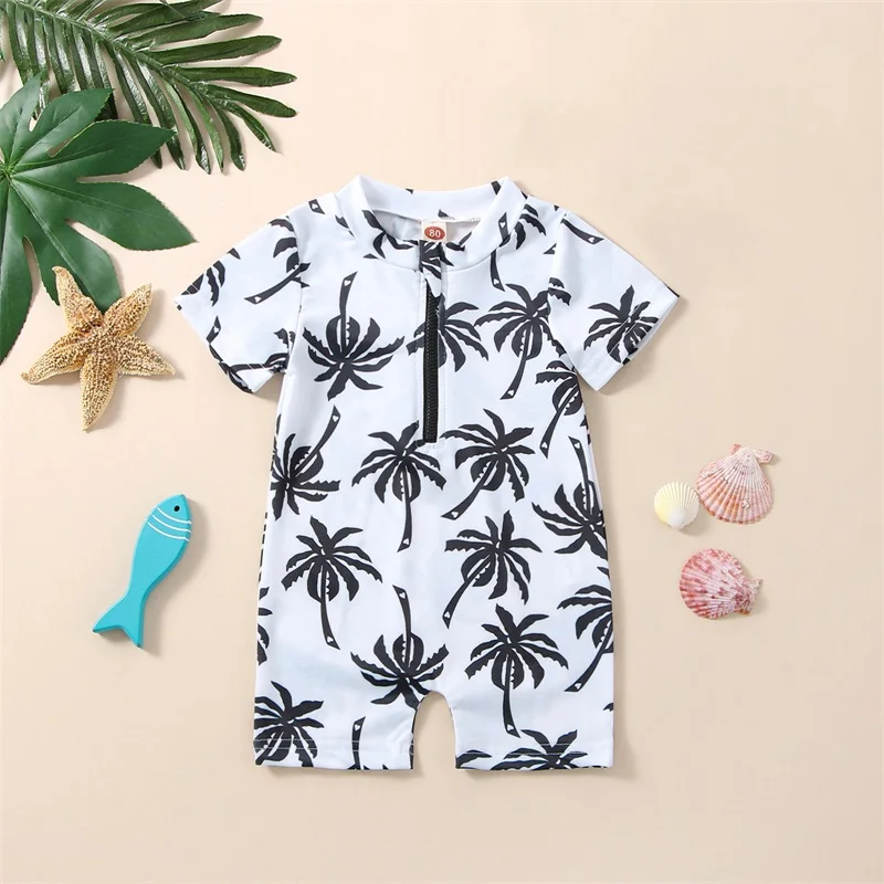 

2-5T Baby Boy Summer Beachwear Sunscreen Swimsuit Cute Shark/Coconut Print Short Sleeve Zipper Swimsuit