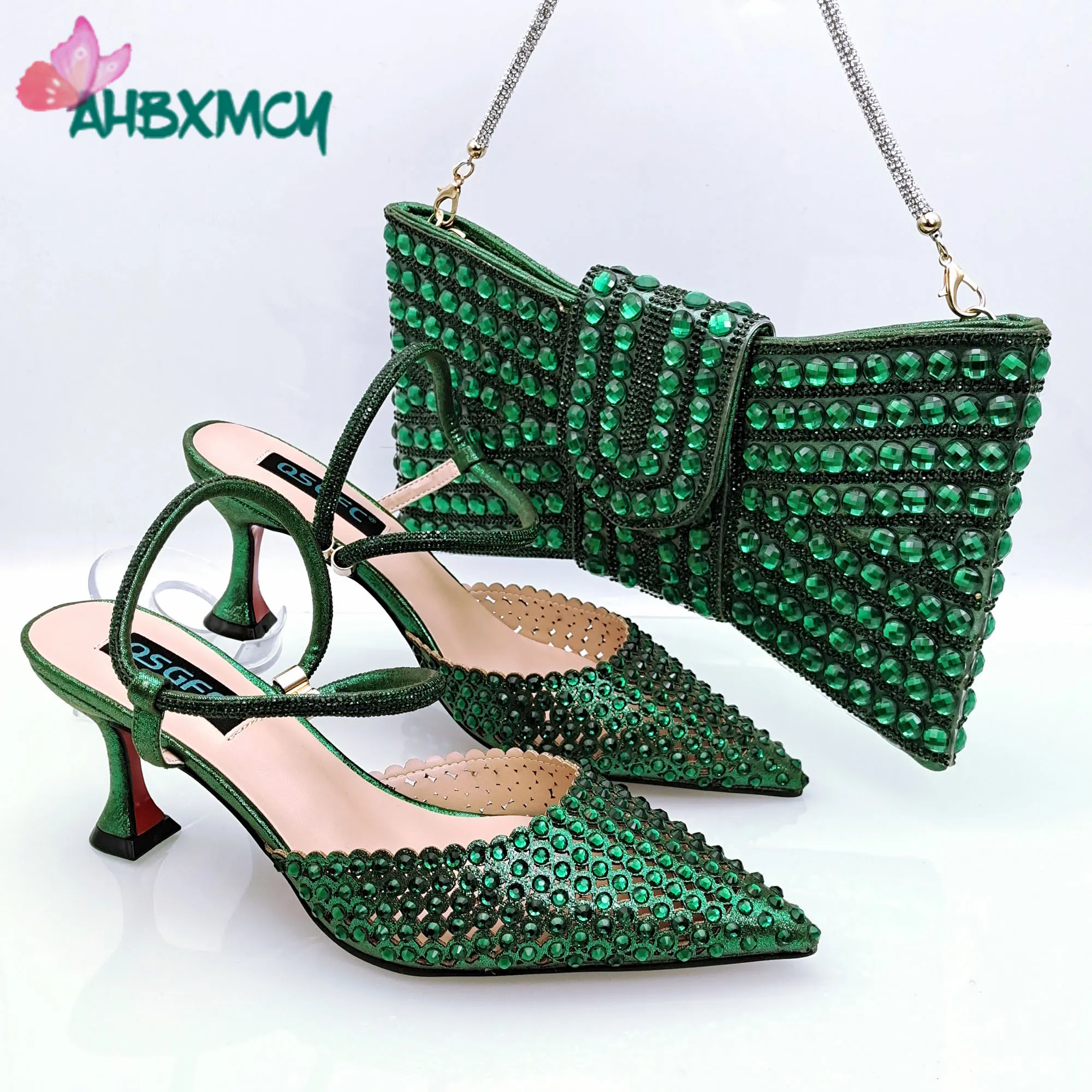 

2024 Summer New Design Pumps Match Hand Bag in Green Color Comfortable Thin Heels African High Quality Shoes and Bag Set
