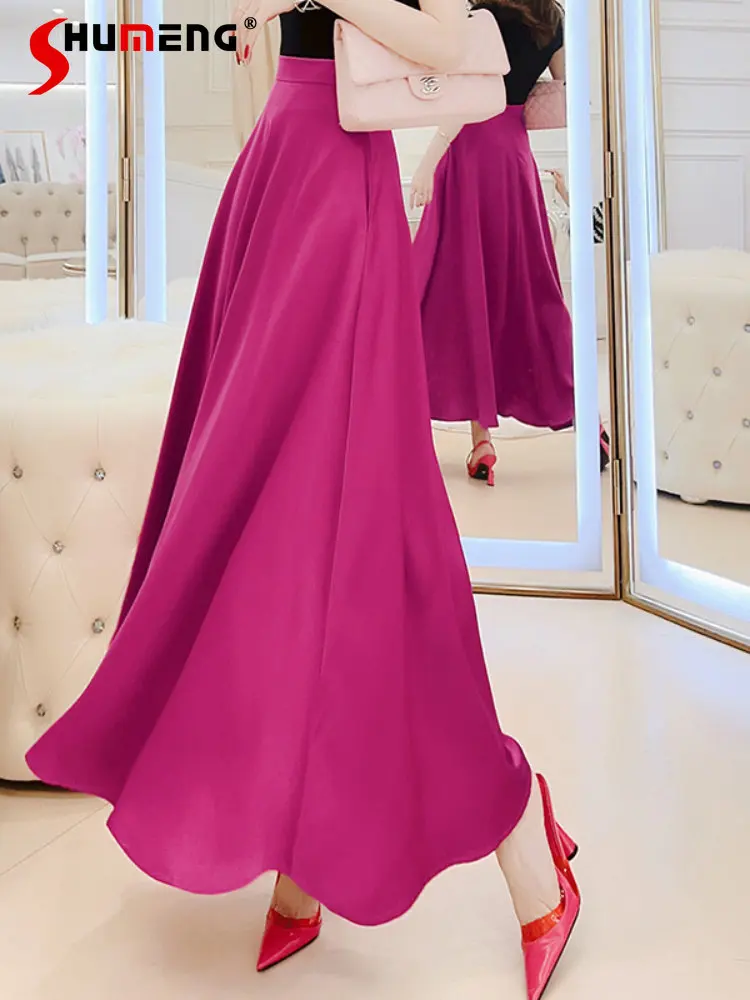 Korean Style Office Ladies Rose Red Satin Midi Skirt 2023 Summer New Women's High Waisted Slimming Mid-Length Umbrella Skirts