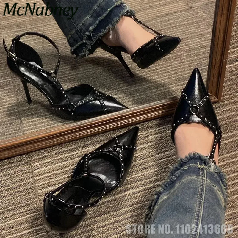 

Punk Style Pointed Toe Cross Strap Rivet Decor High Heels Stiletto Buckle Woman Pumps Black Locomotive Casual Cool Girl Shoes