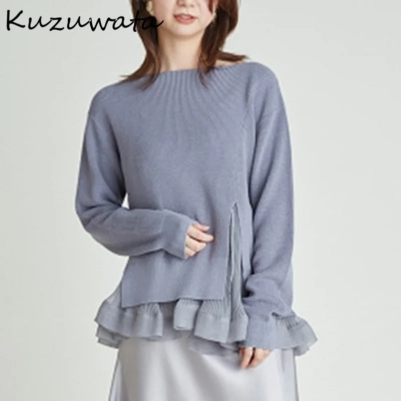 2022 Autumn New Sweater Fashion Sweet Knitted Pullover O Neck Long Sleeve Patchwork Folds Split Fork Women Jumpers