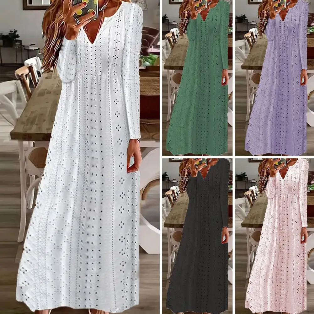 

Sexy Hollow out Party Flare Sleeve Long Dress for Women Solid Color Loose V-neck Chic Dresses Pullover Casual Elegant Vestidos