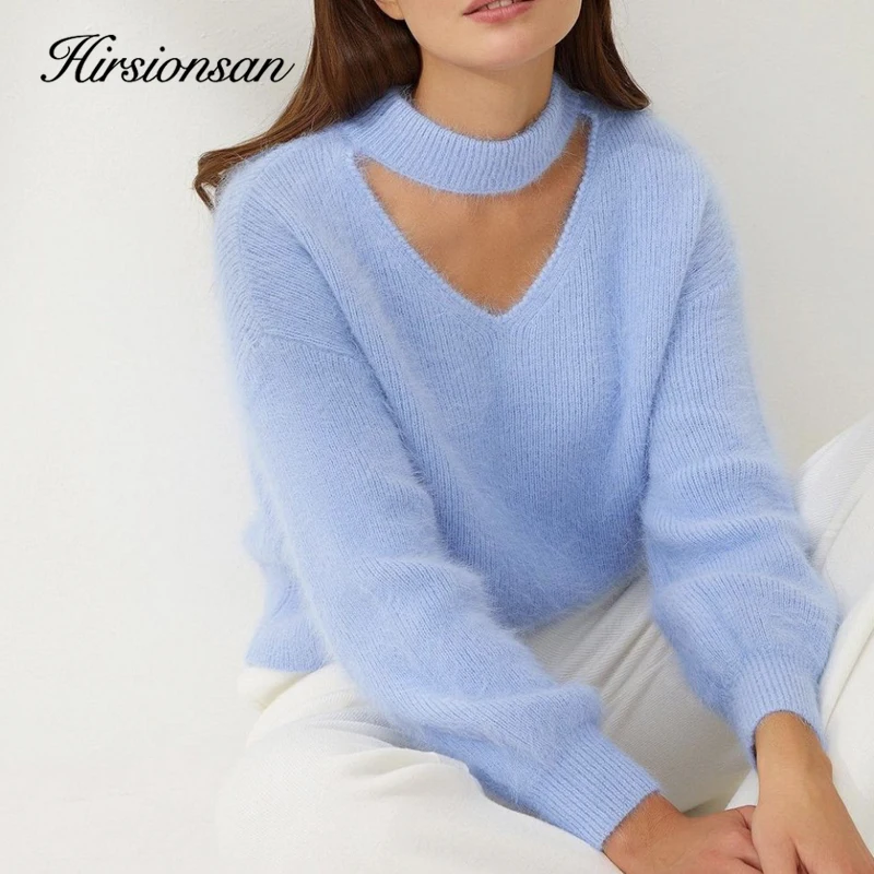 

Hirsionsan Soft Warm V Neck Sweater Women Elegant Candy Color Knitted Female Pullovers Loose Cashmere Basic Knitwear Jumper