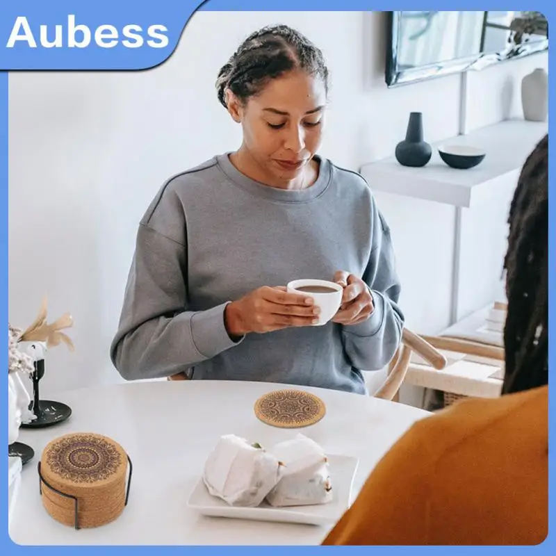 

6pcs Round Shape Wooden Coasters Nordic Mandala Design Coffee Cup Pad Non-slip With Rack Nordic Mandala Round Cork Coaster 1 Set