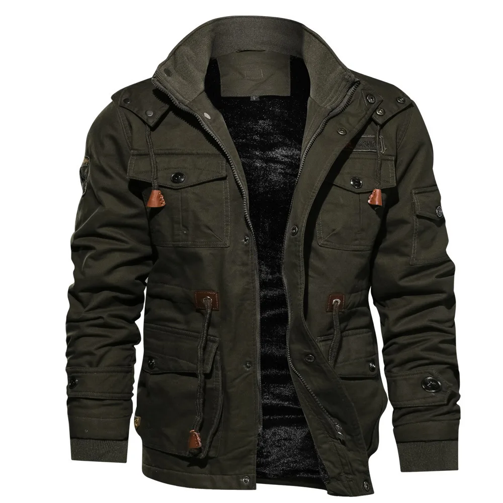 Male Plus Velvet Warm Hooded Tooling Wind Wash Tactical Jacket Men's Coat Plus Size M~6XL Brand Winter Fashion Jacket