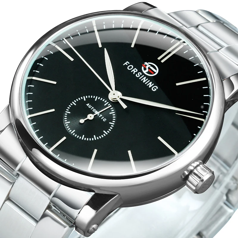 

FORSINING Black Simple Design Men Automatic Mechanical Watches Classic Leisure White Stainless Steel Strap relógio masculino
