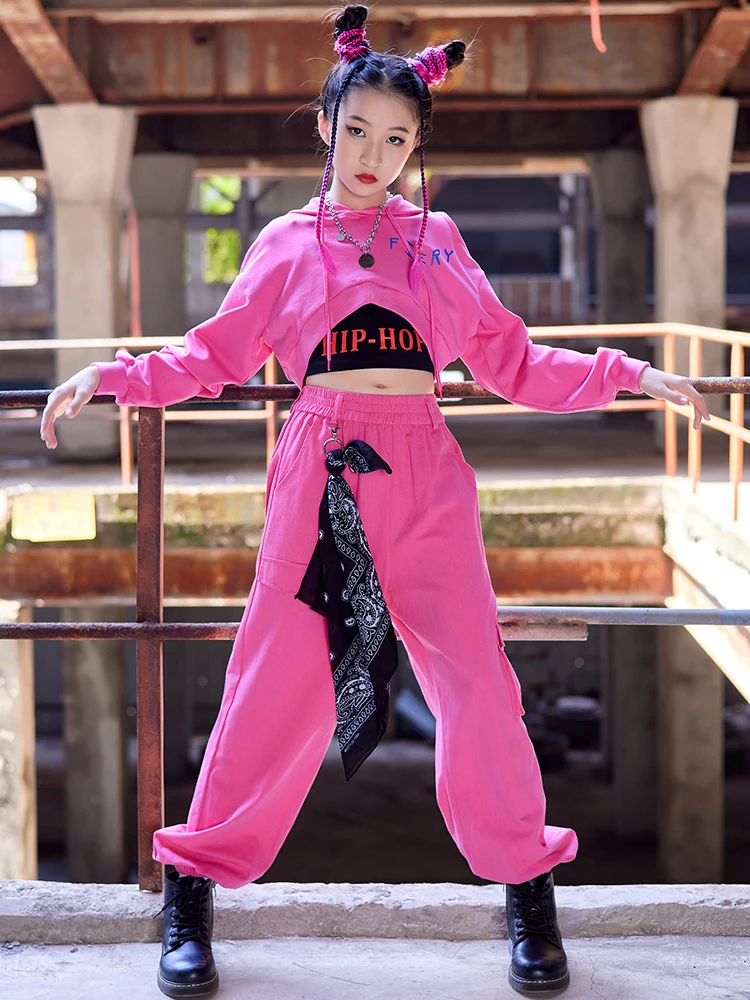 

Kids Streetwear Hip Hop Dance Clothes Pink Girls Clothes Hooded Tops Pants Long Sleeves Jazz Performance Kpop Stage Wear BL9663