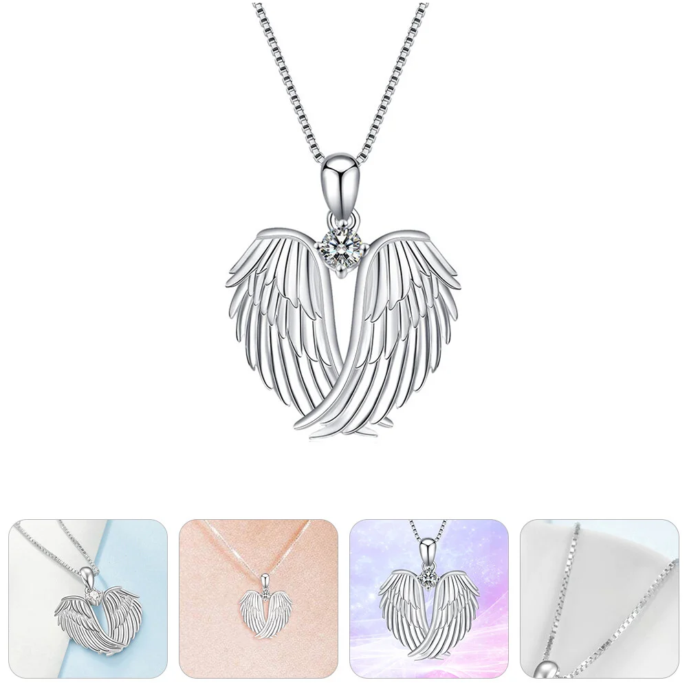 

Angel Wings Necklace Heart Clavicle Chain Pendant Silver Rhinestone Charm 925 Sterling Shape Miss Womens Dainty Necklaces
