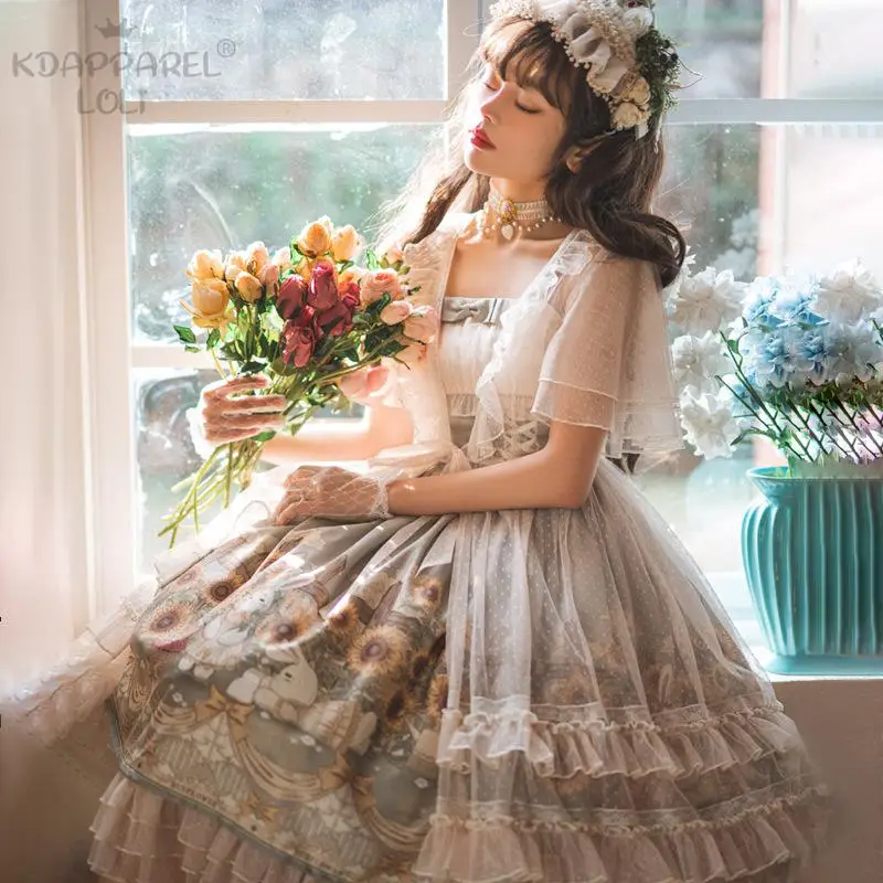 

Suspenders Lolita Dress Sling Sweet Girls Cute Teens Bows Layered Lace Ruffle Knee Length Doll Cosplay Tea Party Wear