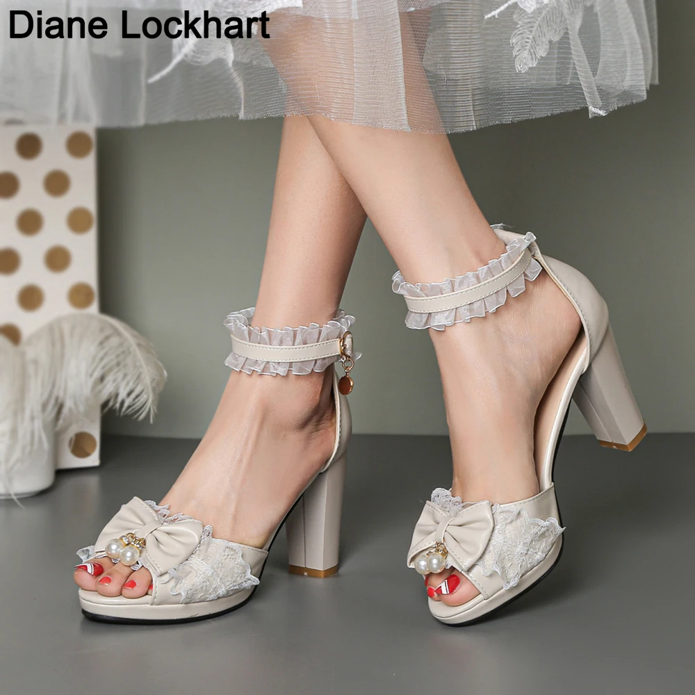 

Женские летние туфли на каблуке с открытым носком; Милые кружевные туфли-лодочки Mary Jane Lolita на платформе с бантом; Босоножки на высоком каблуке для невесты