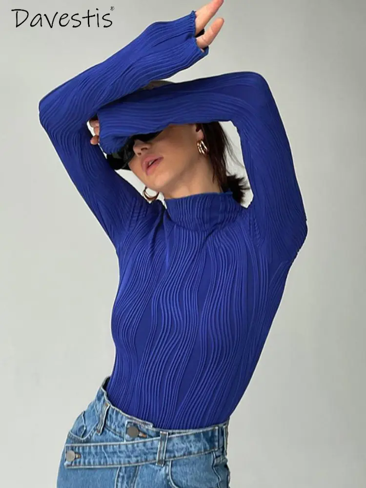 

Весна 2023, голубые элегантные топы Klein, Женская Яркая футболка, Женский Модный трикотажный топ с принтом и полувысоким воротником