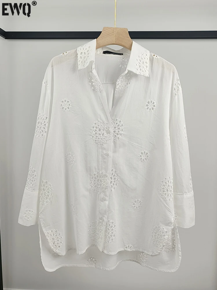 

Женская ажурная рубашка с вышивкой [EWQ], белая однобортная модная блузка с длинным рукавом, топ, новинка сезона осень-зима 2023, 16U4956