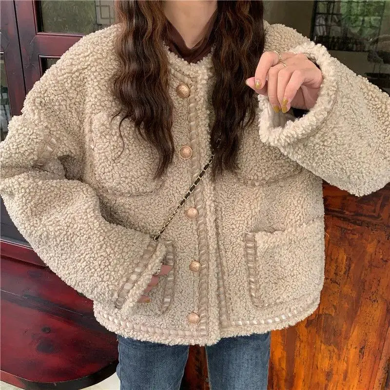 

2022 Winter Women Wool Coat Thick Warm Jackets Women Casual Loose Single breasting Coat Femme Long Sleeve Solid Short Jacket