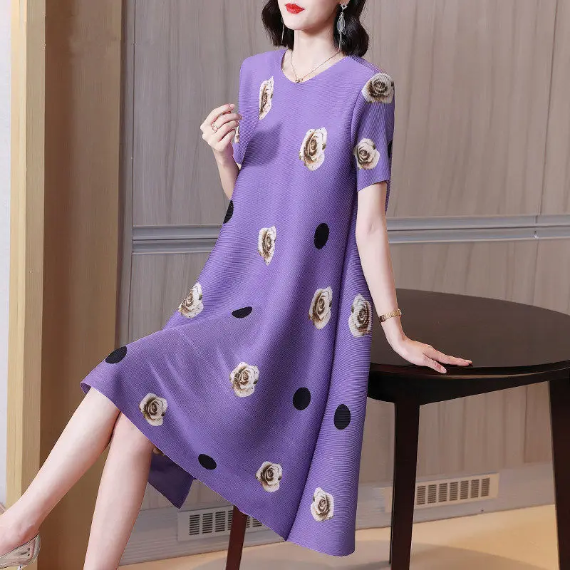 

Female casual dress 2022 Summer short sleeve long skirt fashion o neck printing pleated dress covering belly thin dress female