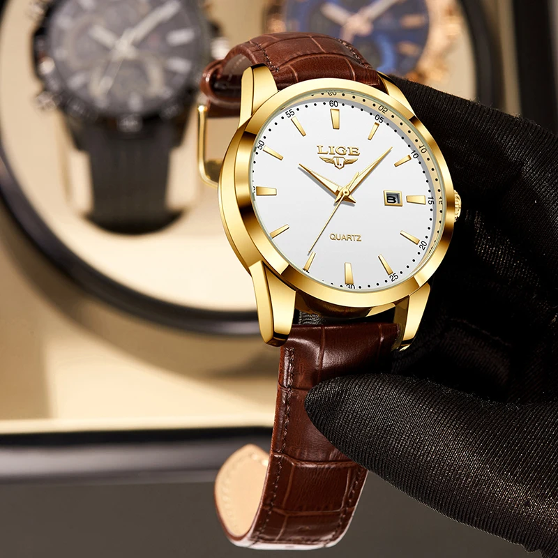 Часы наручные LIGE мужские с кожаным ремешком простые Роскошные Кварцевые