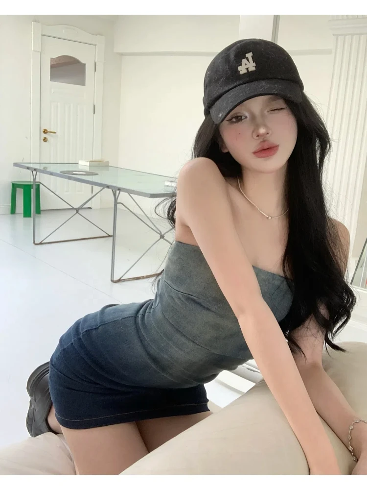 Летнее милое и острые Модное Новое постепенное джинсовое платье с бюстгальтером