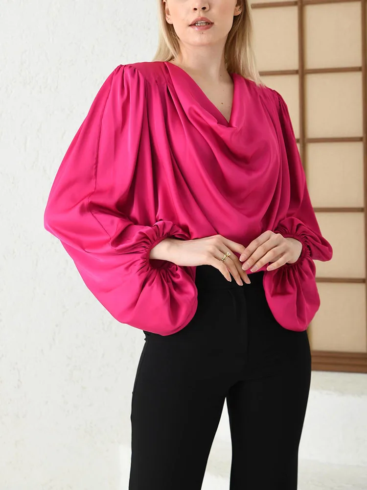 

Women's Elegant Bat Sleeve Loose Blouses Fashion 2022 Autumn Casual Solid Color Pile Collar Sexy Crop Tops Ladies Party Shirts