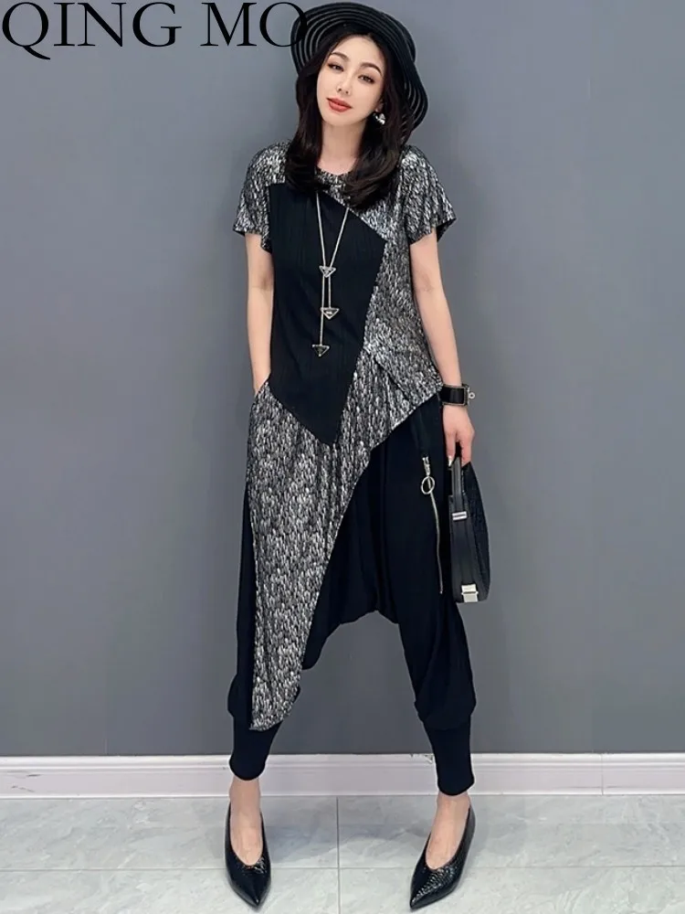 

QING MO 2023 Summer New Matching Set Korean Style Irregular Top + Casual Harem Pants Two Piece Set Women ZXF2620