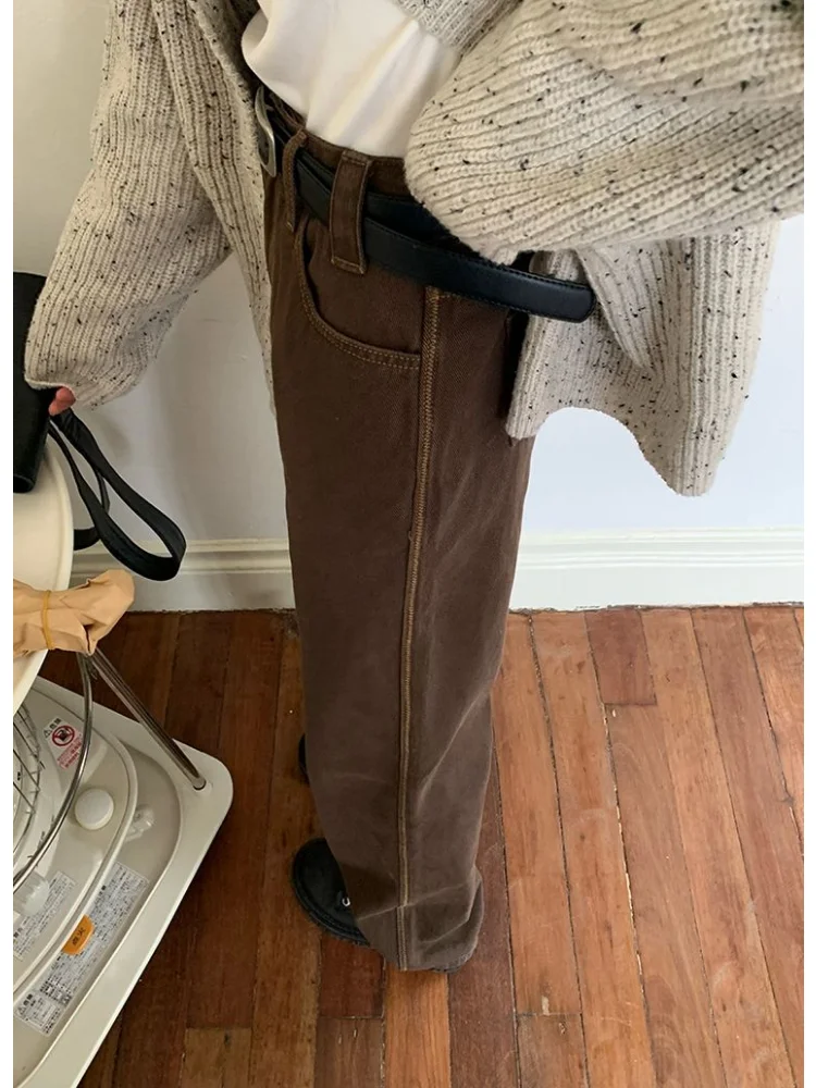 HOUZHOU Vintage Basic Brown Jeans Women Korean Fashion Harajuku Oversize Denim Pants Straight Trousers Japanese Style Pantalon