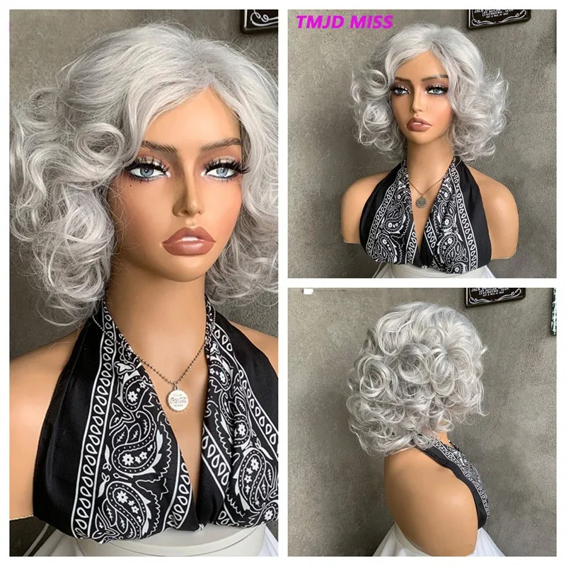 Новый серебристо-серый женский парик Короткие вьющиеся волосы естественно