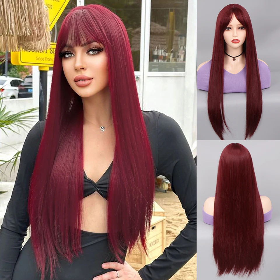 

HUAYA Synthetic Wine Red Wigs With Bangs for Women Long Straight Hair Wig Cosplay Party Heat Resistant Daily False Hair