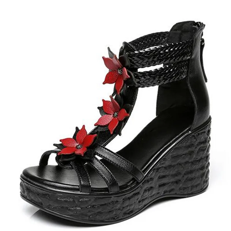 

Женские босоножки из воловьей кожи, Классические сандалии с цветочной оплеткой, модные легсветильник соножки на высокой танкетке с толстой подошвой, лето 2022