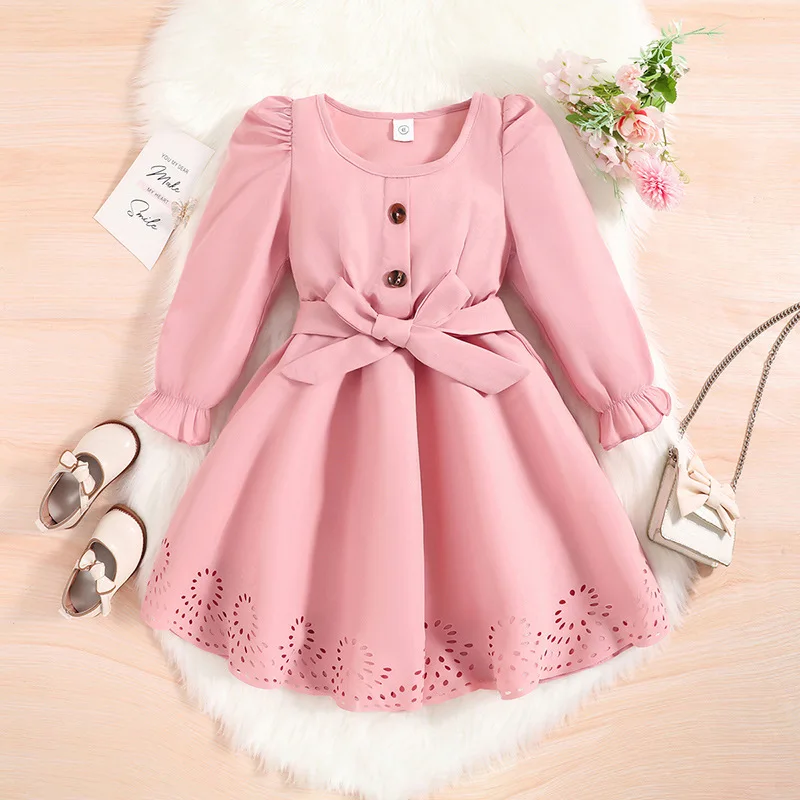 

Новинка 2023, зимнее платье для девочек с длинным рукавом, круглым вырезом и поясом, розовое милое дизайнерское платье принцессы для девочек, платье 12M-5T